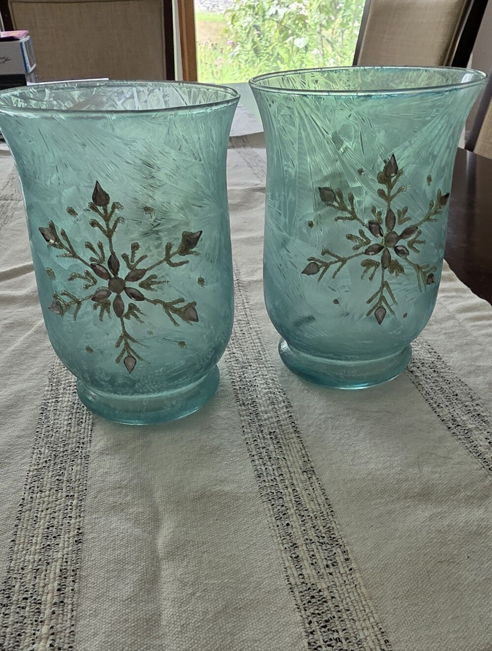 Aqua Glass Hurricane Vase with Gold Snowflake Accent